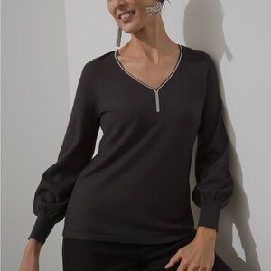 Chico’s Caviar Silver Trim Black V-Neck Sweater Large Puff Balloon Sleeve Beaded